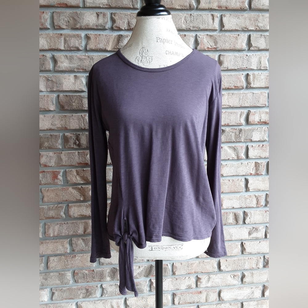 Sundry Purple Long Sleeve Pima Cotton Top with Tie Front Detail.